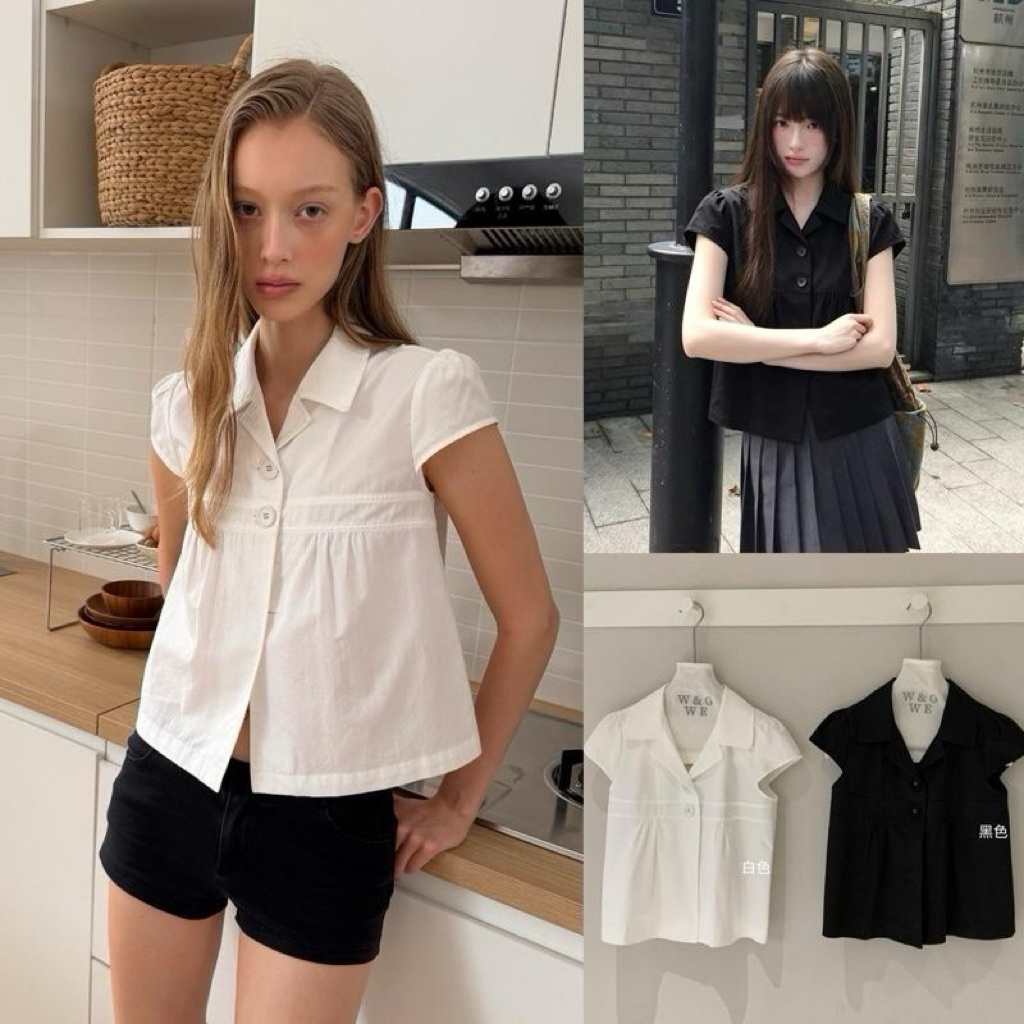 Glamorg1085-เสื้อคอปกพับทรงเบบี้ดอลล์ แขนล้ำ ผ้าคอตตอน