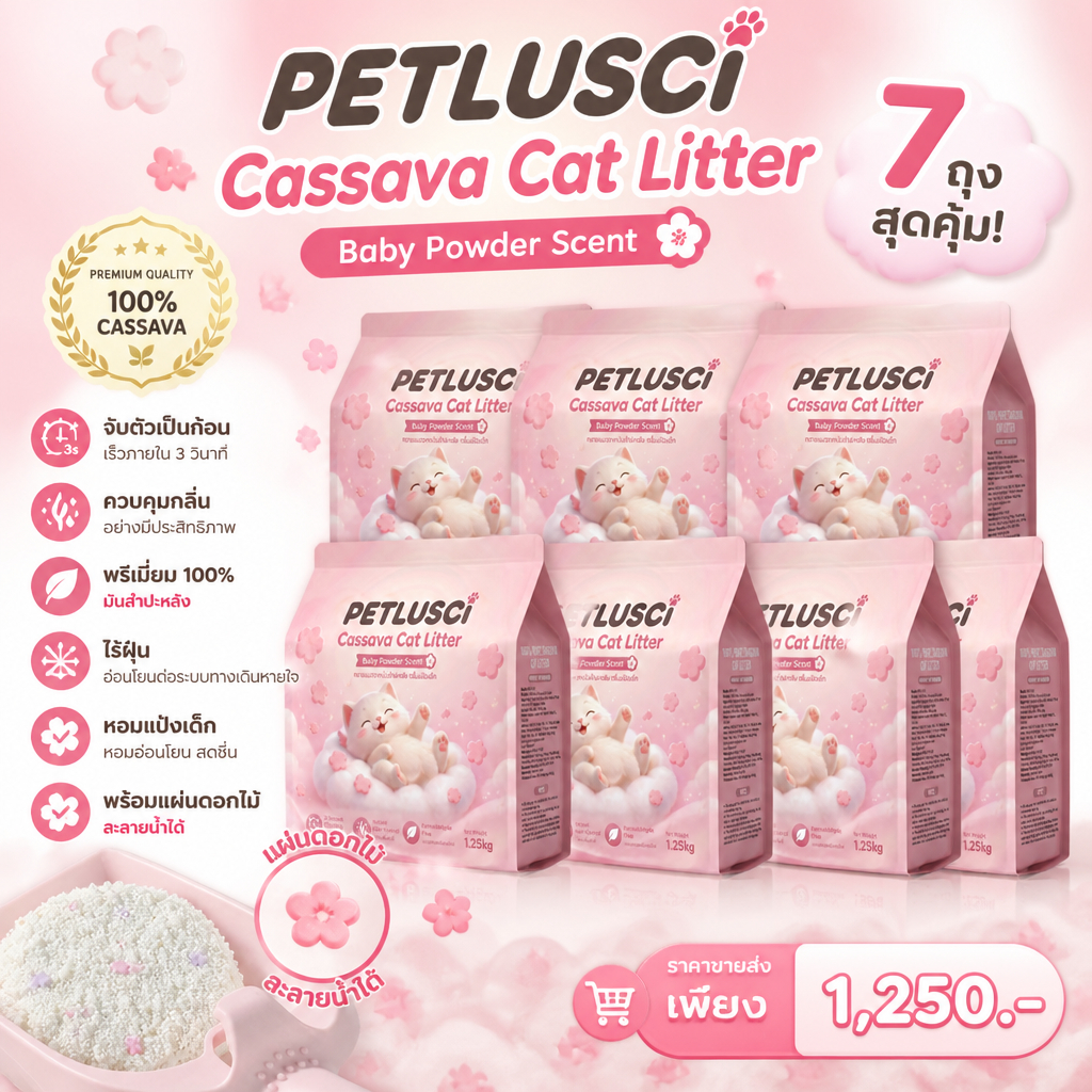 ✨ PETLUSCI ทรายแมว ทำจากมันสำปะหลังธรรมชาติ ดับกลิ่นดีเยี่ยม กลิ่น Baby Powder ทรายแมวส่งฟรี 8L/12L/16L/28L😻