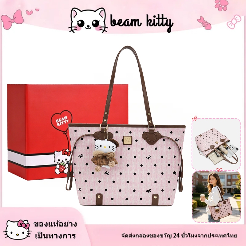 Beam Kitty กระเป๋าโท้ทลายจุดสีชมพู สไตล์เกาหลี ความจุเยอะ กันน้ำ น้ำหนักเบา สำหรับทำงาน กระเป๋าสะพายไหล่สาวๆ PU หนังทนทา