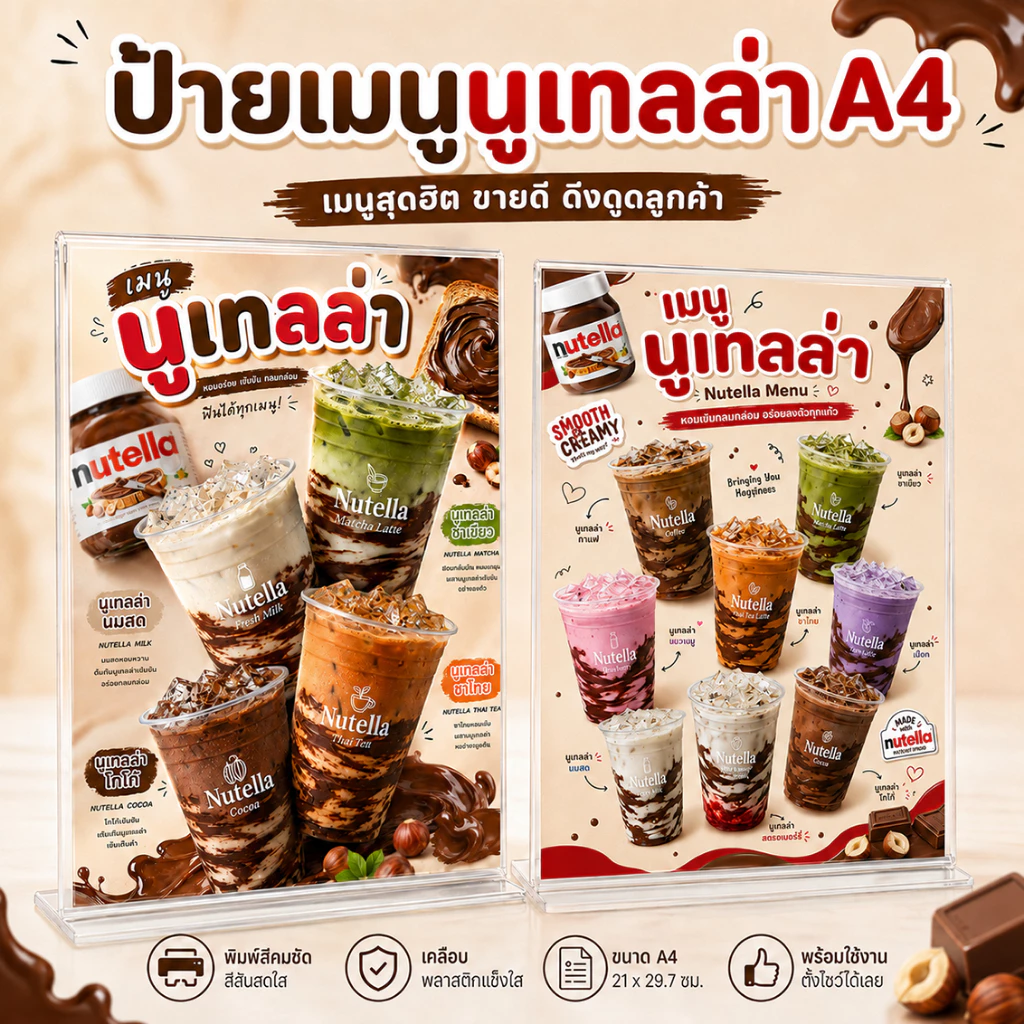 ป้ายเมนูนูเทลล่า Nutella A4 เคลือบแข็งใส ป้ายเมนูสำเร็จรูป