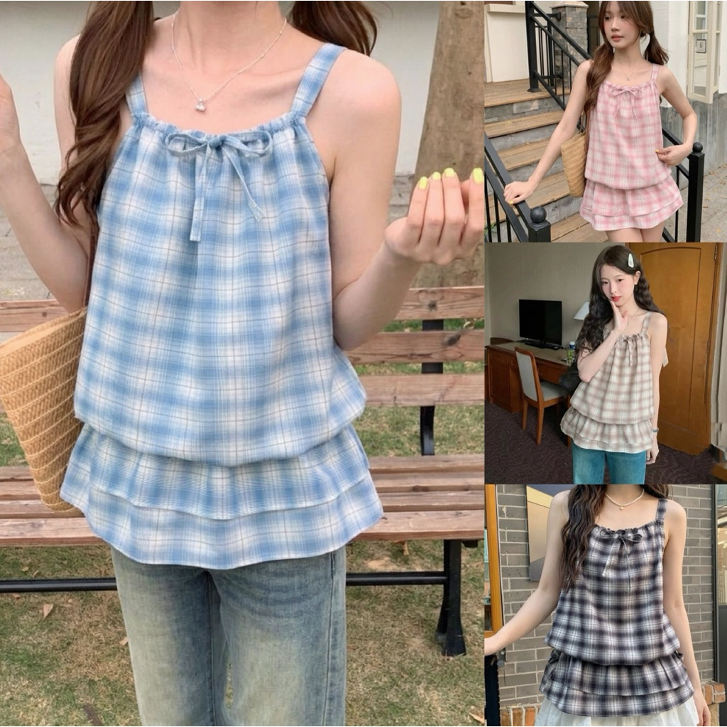 (อก28-36) เสื้อสายเดี่ยวทรงปล่อย ดีเทลผูกโบว์ด้านหน้า เพิ่มความน่ารัก ชายเลเยอร์ 2 ชั้นใส่แล้วพรางหุ่น