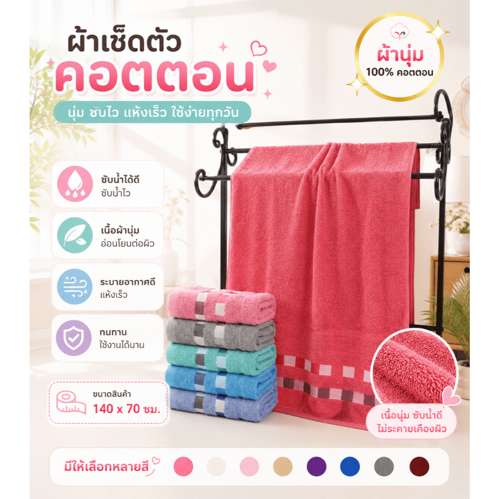 YJM-01【ขนาด 140x70 ซม】ผ้าเช็ดตัว ผ้าขนหนู สำหรับเช็ดตัว เช็ดผม คอตตอน 100% สีน่ารัก ห่อตัวได้