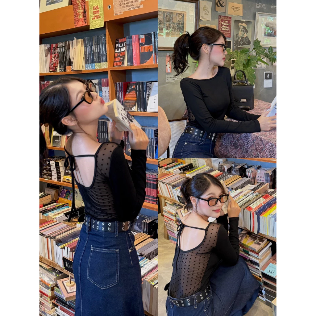 M55- เสื้อแขนยาว detail ด้านหลังเว้าผ้าซีทูลายจุด สไตล์เกาหลีน่ารักมาก