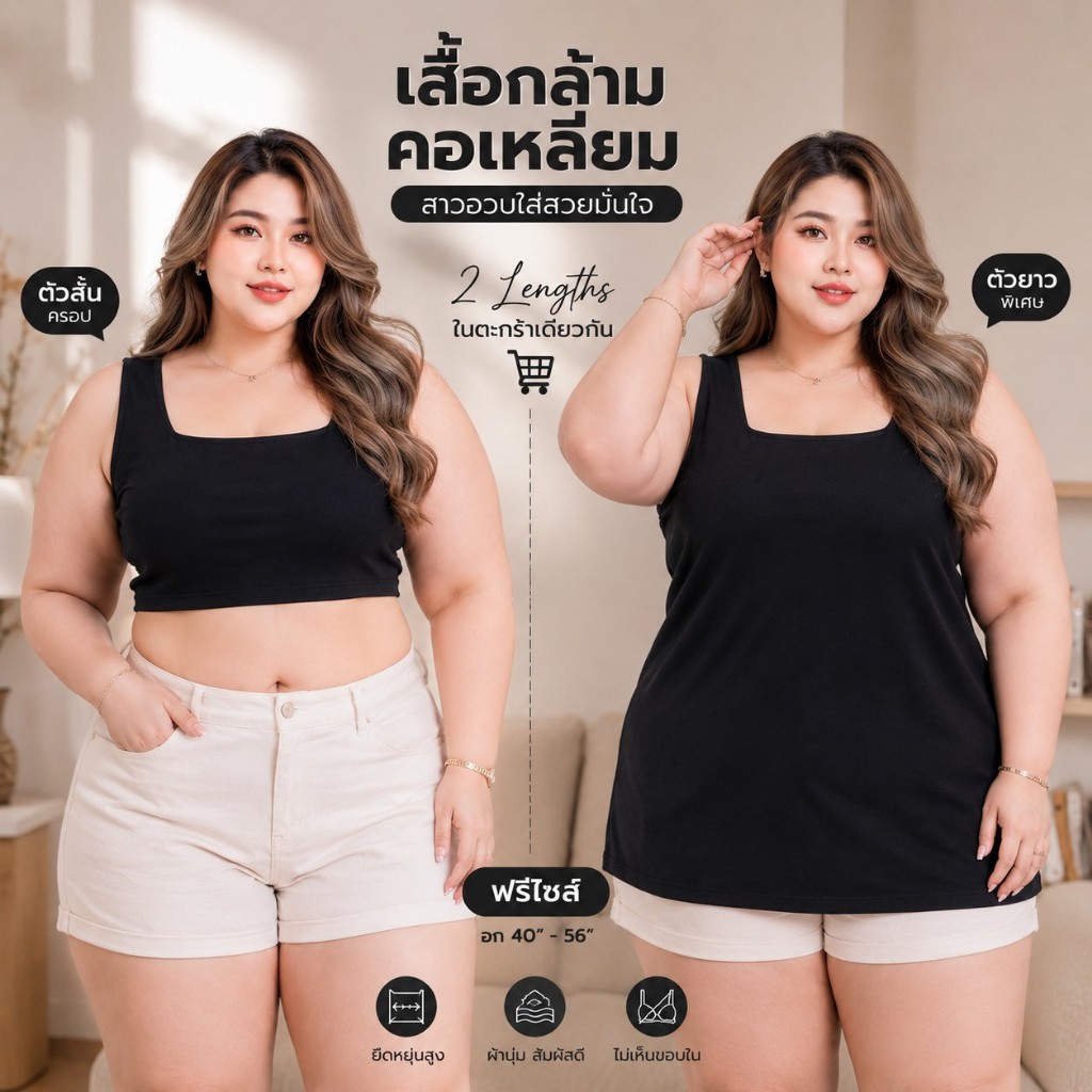 [ ส่งฟรี ] เสื้อกล้ามสาวอวบ เสื้อครอปไซส์ใหญ่ เสื้อครอป ผ้าร่องนุ่ม Super Soft มีแบบสั้น และแบบยาว อก 40-56“ A298/A367