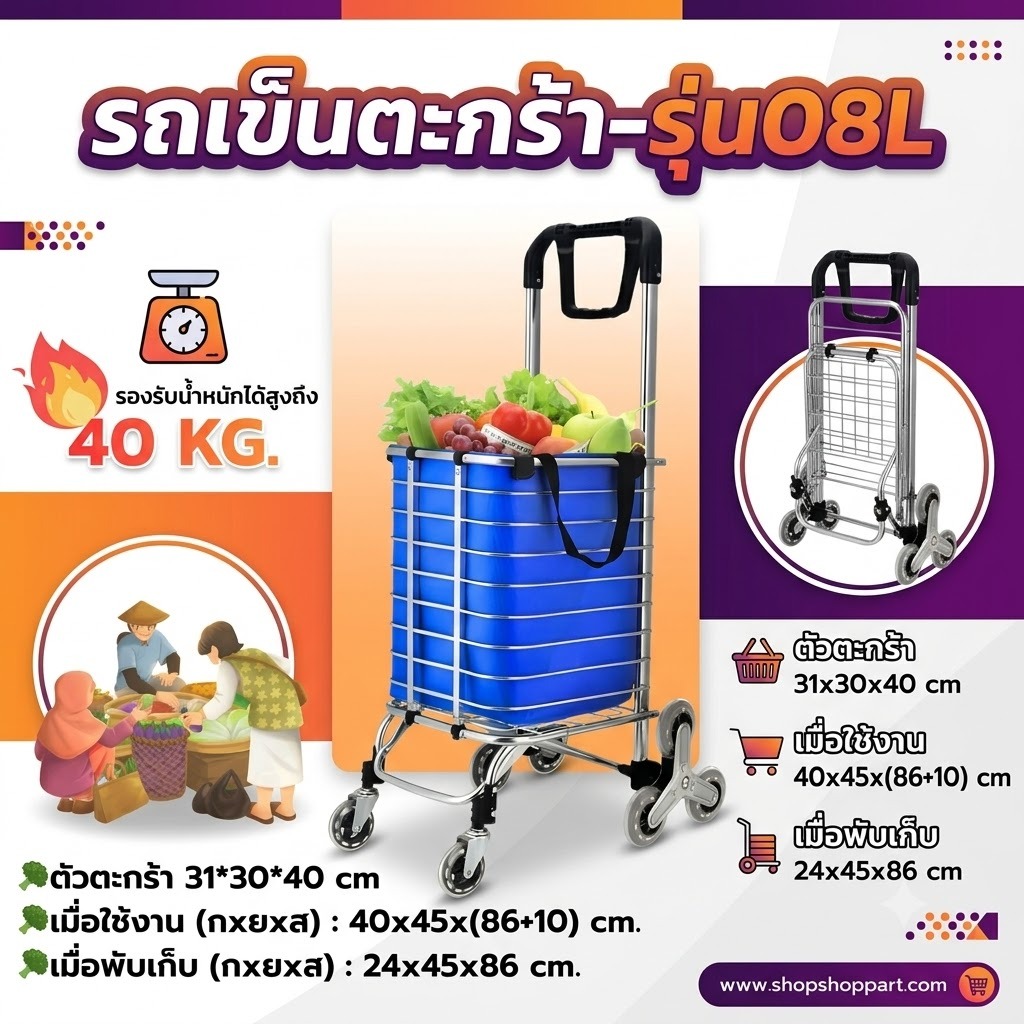 รถเข็นพับได้ ตะกร้ารถเข็น 8 ล้อ รถเข็นจ่ายตลาด รถเข็น รถเข็นแคมปิ้ง ลากขึ้นบันไดได้ วัสดุอะลูมิเนียม