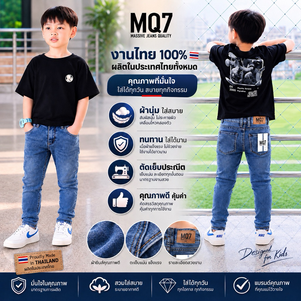 งานไทย ยีนส์ยืด กางเกงเด็กขายาวสียีนส์ ใส่สบาย ทรง skinny fit ป้าย MQ7 รหัส 840/15