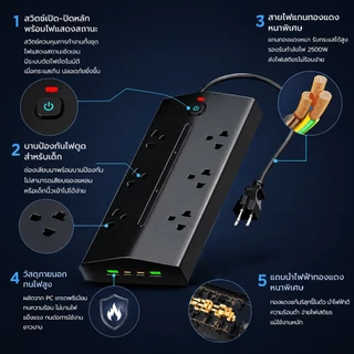 JFKDX รางปลั๊กหลายรูแบบเอียงมาตรฐานไทย กำลังไฟ 2300w สายไฟ 2M พร้อมพอร์ตชาร์จ 2USB-A + 2Type-C
