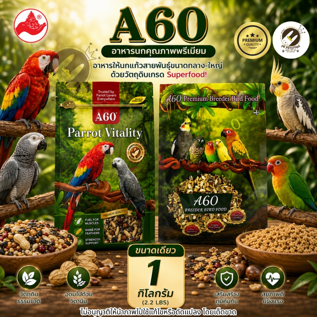 A60 อาหารนกแก้ว เกรดพรีเมียม ธัญพืชธรรมชาติแน่นถุง นกเล็ก นกใหญ่ ทานดี บำรุงขนสวย สุขภาพดี 1 กิโลกรัม