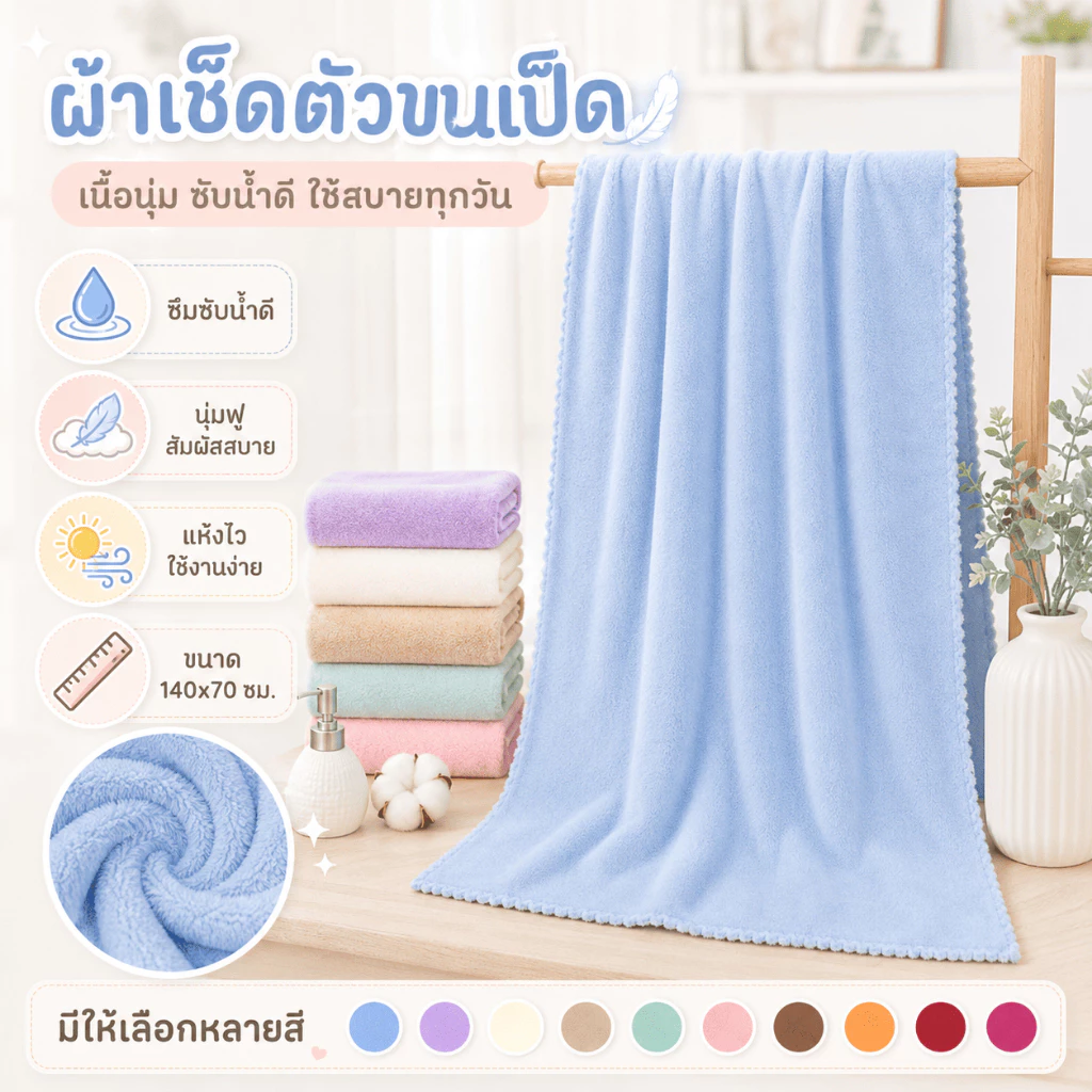 YJP-01 【220กรัม】ผ้าเช็ดตัว ขนเป็ด ผ้าขนหนู สีพื้น ผ้าขนนุ่ม ห่อตัวได้ ไม่กุ้นขอบ