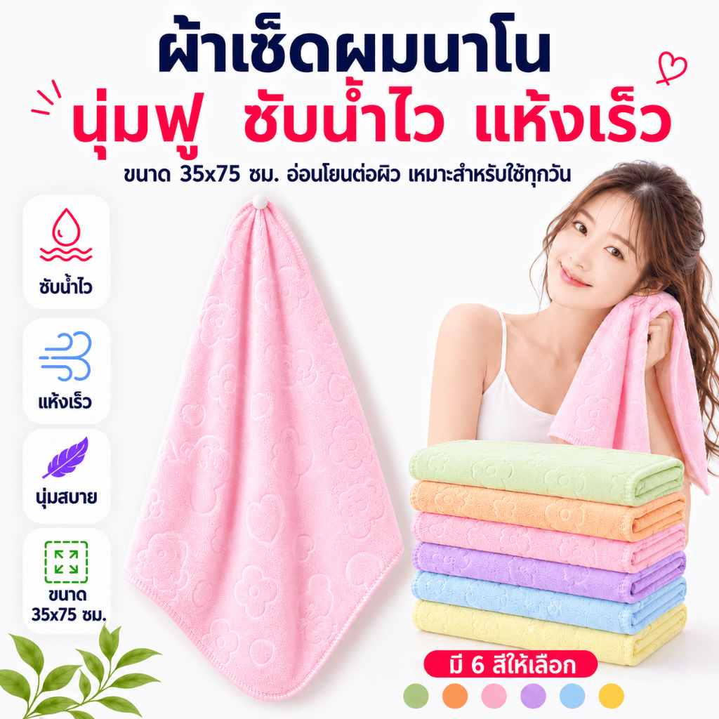 MJQ-01 【ขนาด 35x75 ซม】ผ้าเช็ดผมนาโน ไม่ใช่ผืนใหญ่ ปั๊มลาย เนื้อไมโครไฟเบอร์  ผ้าอเนกประสงค์