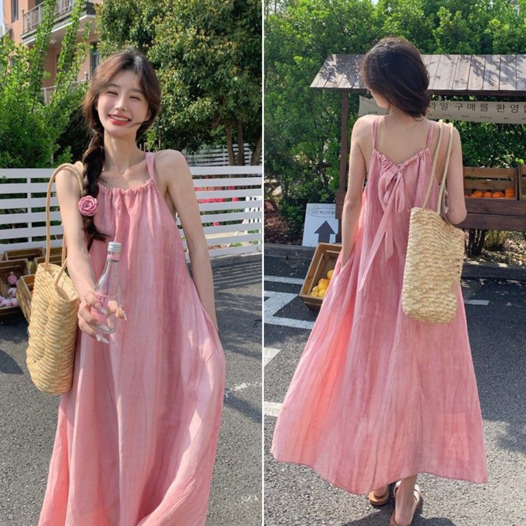 Beryl พร้อมส่ง ชุดเดรสยาว เดรสสายเดี่ยวสีชมพู แต่งสม็อค ชุดเที่ยวทะเล ซ่อนสะโพกไม่รัดตัว เนื้อผ้าใส่สบาย