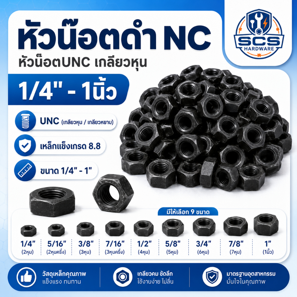 หัวน็อตดำ NC เกลียวหุน ขนาด 1/4" - 1นิ้ว น็อตตัวเมีย หัวน๊อตดำเกลียวหุน หัวขันสกรู หัวน็อตUNC