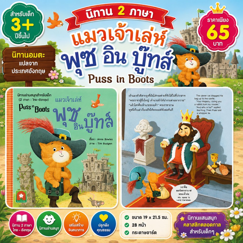 Aksara for kids หนังสือเด็ก นิทาน 2 ภาษา พุซอินบู๊ทส์ แมวเจ้าเล่ห์