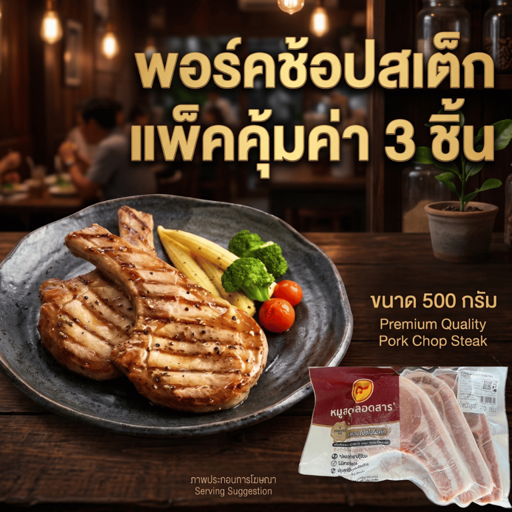 พอร์คช้อปสเต็กสไลด์หมูพรีเมียม แพ็คคุ้มค่า 3 ชิ้น เนื้อนุ่มฉ่ำ ขนาด500กรัม สเต็กแช่แข็ง