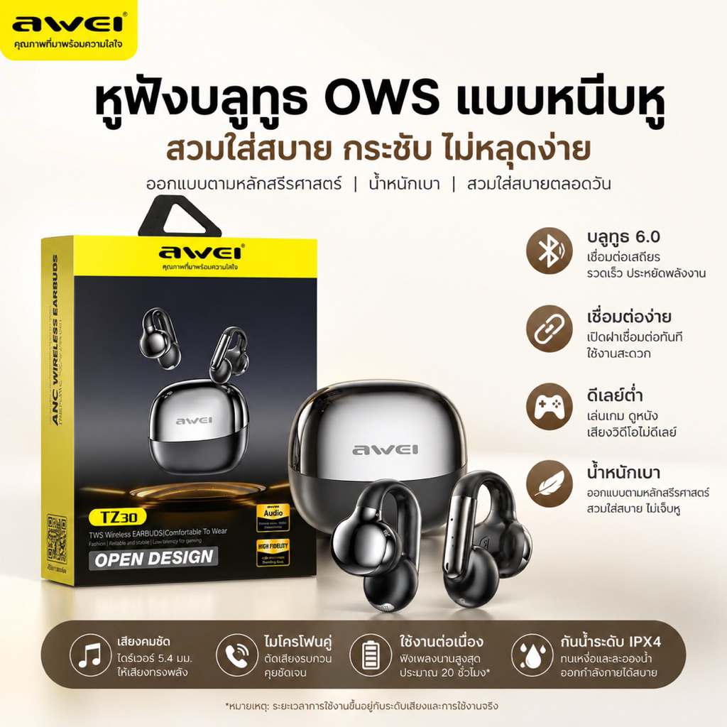 AWEI TZ30 หูฟังบลูทูธไร้สาย Bluetooth 6.0แบบคลิปหนีบ เสียงใส แบตอึด