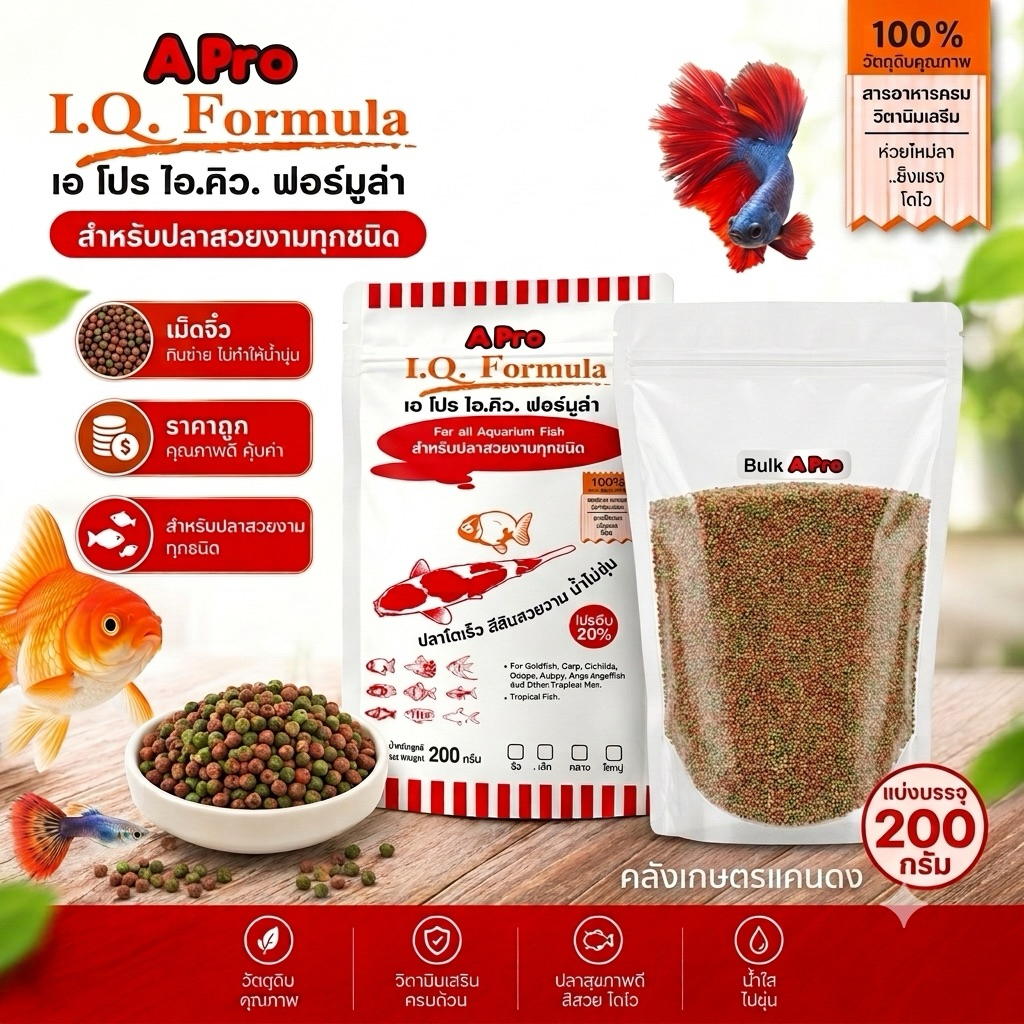 อาหารปลาเม็ดจิ๋ว APro I.Q. Formula สำหรับปลาสวยงามทุกชนิด เร่งสี ปลาแข็งแรง โตไว ขนาดแบ่งบรรจุ 100 ก
