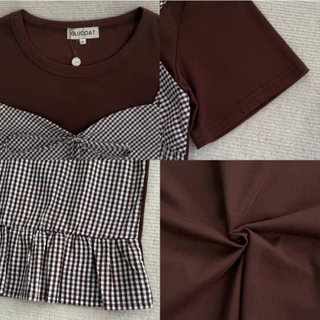 Glucoat | [A803] เสื้อยืดแขนสั้นสีน้ำตาล พร้อมโบว์ผูกได้จริง แต่งสายเดี่ยวลายสก็อต ชายเสื้อแต่งระบาย