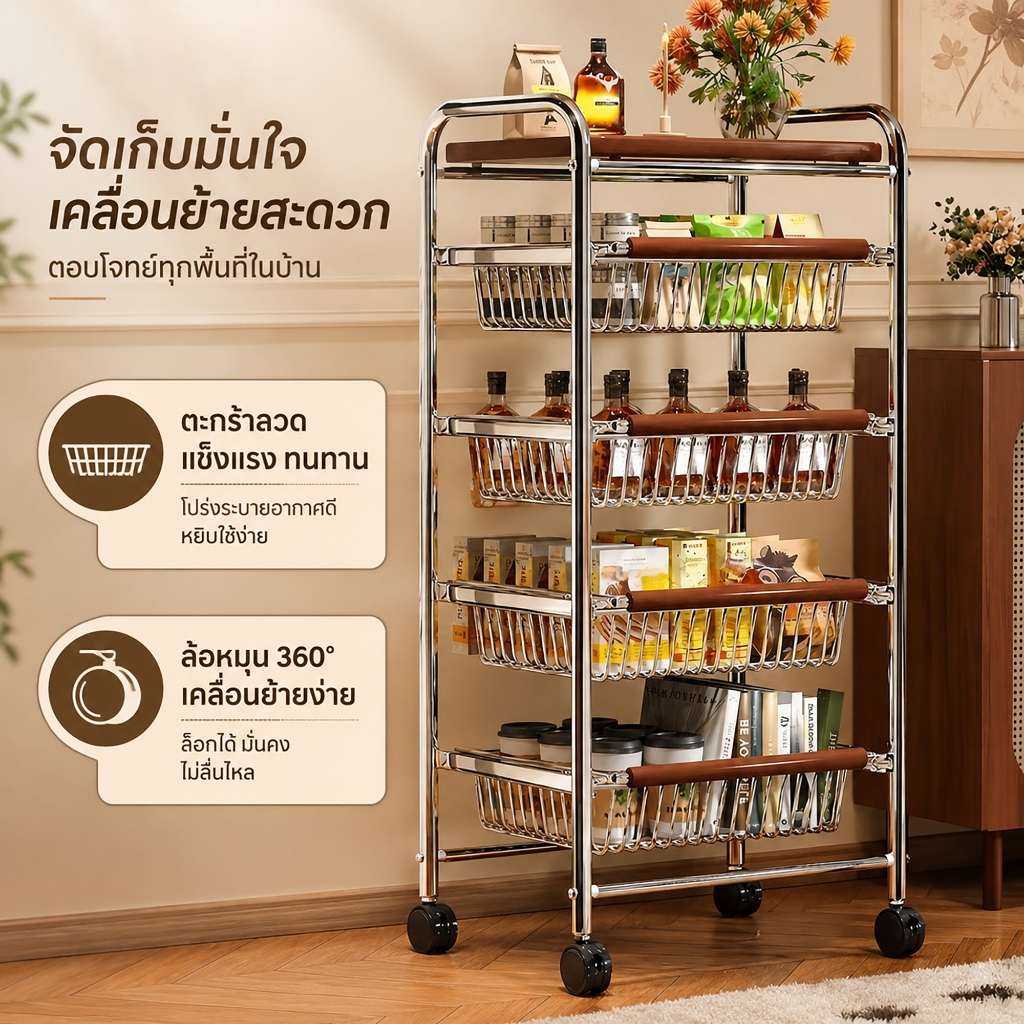 รถล้อเลื่อนจัดเก็บครัวสไตล์ทันสมัย พร้อมตะกร้าหิ้ว เก็บของในครัวเป็นระเบียบ