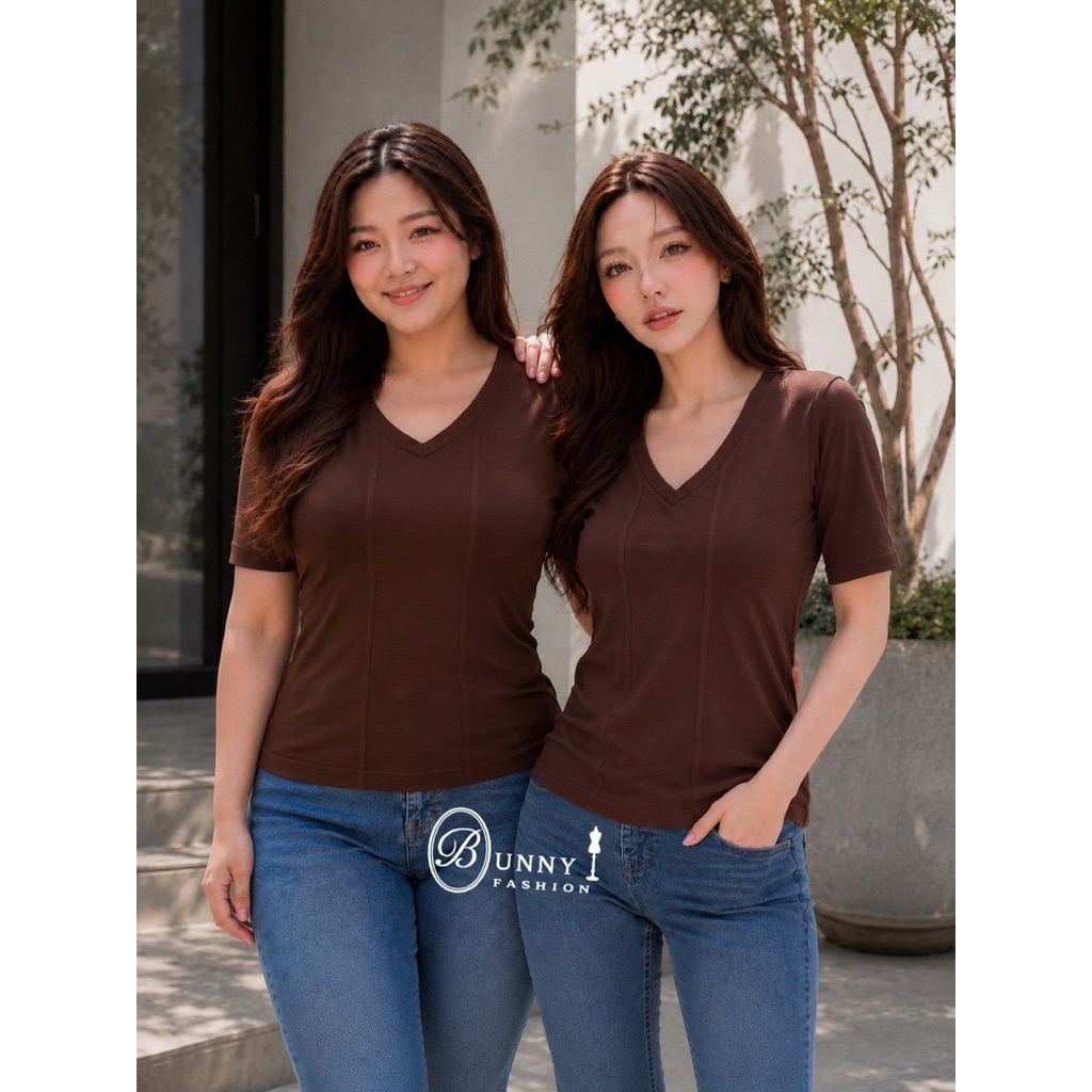 A244 เสื้อยืดคอวีแขนศอกแต่งเส้น ผ้าCotton Spring มี 3 ไซส์
