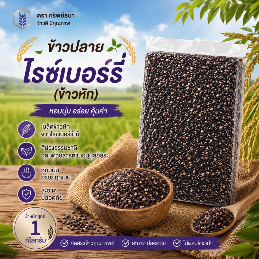 ข้าวปลายไรซ์เบอร์รี่ แพคสุญญากาศ 1 กิโลกรัม ตราทรัพย์ธนา ข้าวใหม่ หอม อร่อย