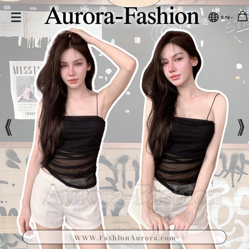 Aurora พร้อมส่ง (รูปถ่ายจากงานจริง) เสื้อกั๊กสายบางผ้าตาข่ายโปร่ง ซ้อนผ้าชั้นใน พรางหุ่น สไตล์เซ็กซี่สตรีทฤดูร้อน