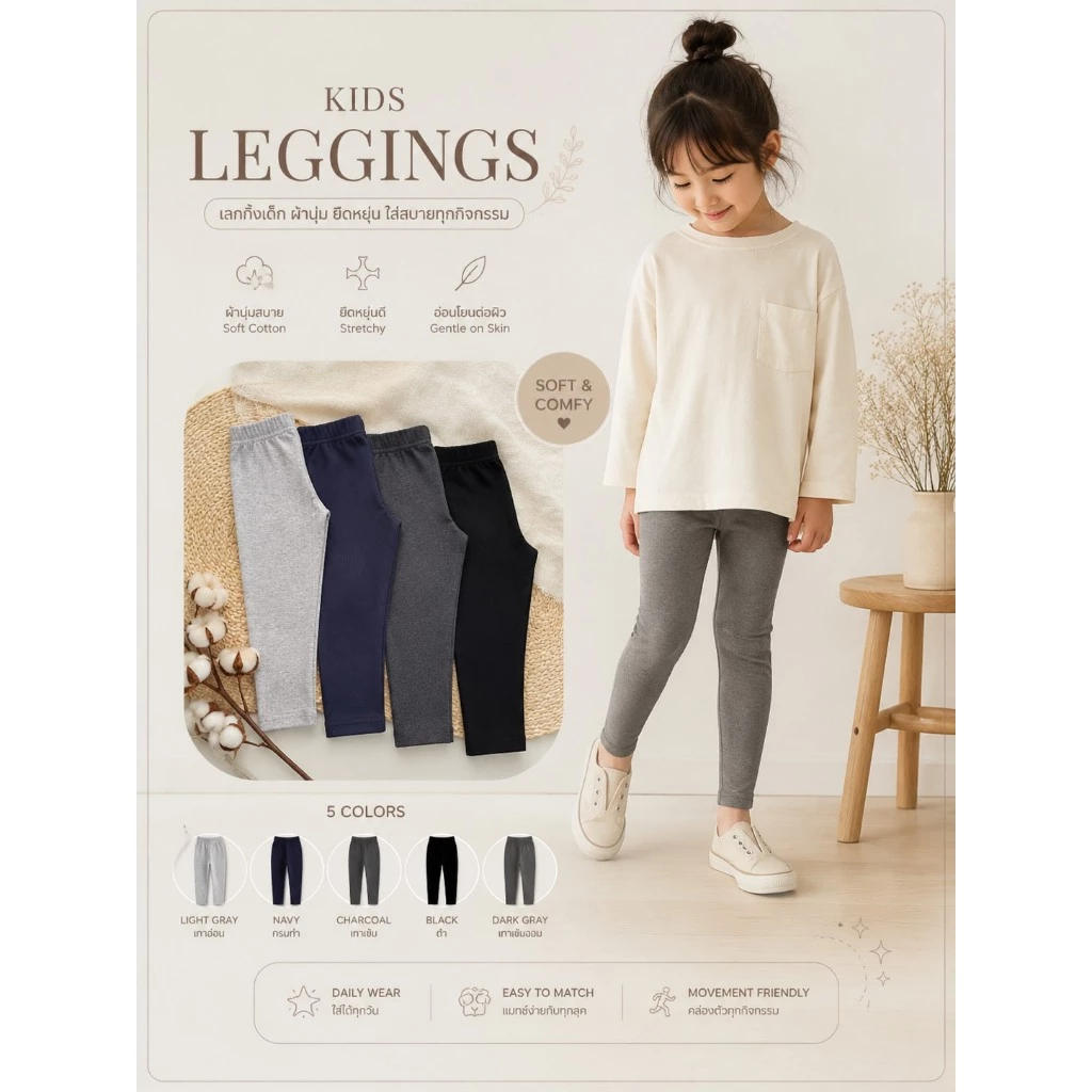 (KIDS) เลคกิ้งเด็กสีพื้น สีเบสิค มีไซส์S ถึง XXL ผ้ายืด 4 ด้าน ใส่สบาย (กดเลือกไซส์ เลือกสี) เชคตารางไซส์ก่อนนะคะ thumbnail 6