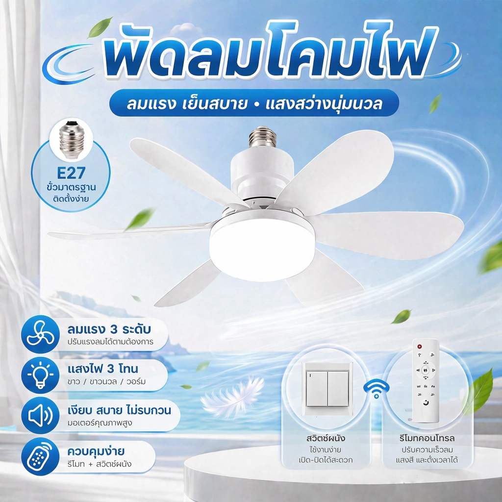 100W E27 ไฟพัดลมเพดาน LED ไฟพัดลมห้องนั่งเล่น/ห้องนอน ถอดออกได้ ปรับแสงได้ ไฟพัดลมติดเพดาน พร้อมรีโมท
