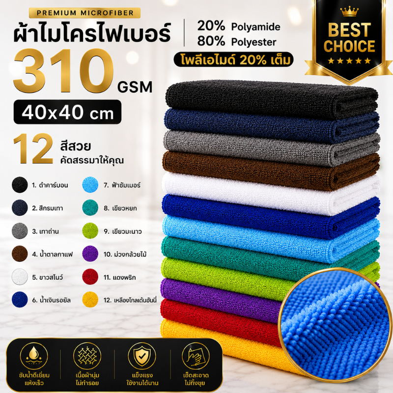 ผ้าไมโครไฟเบอร์ 310 GSM 40x40 ซม. โพลีเอมายด์ 20% เต็ม ซับน้ำดี ไม่เป็นขุย เช็ดรถและกระจก ผ้าเนื้อฟู