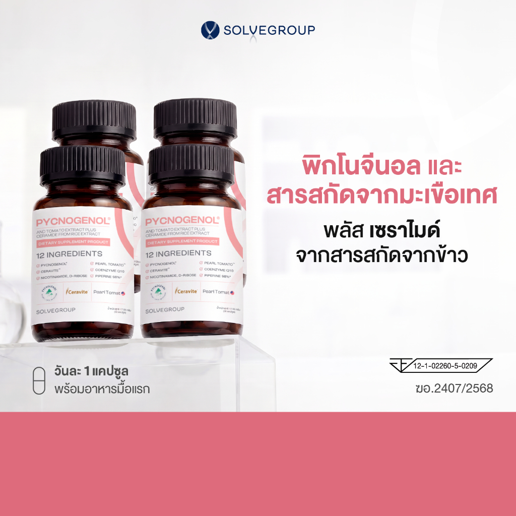 พิกโนจีนอล และสารสกัดจากมะเขือเทศ พลัส เซราไมด์ จากสารสกัดจากข้าว Solve Pycnogenol 4 กระปุก