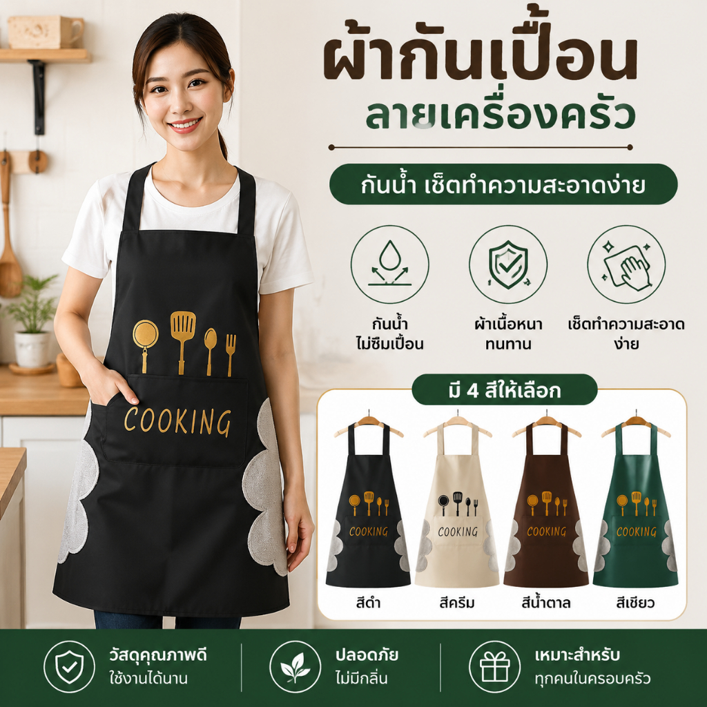 ผ้ากันเปื้อนกันน้ำ กันน้ำมัน สีดำ พร้อมผ้าเช็ดมือ สำหรับทำอาหาร ร้านอาหาร และงานครัว พร้อมส่ง