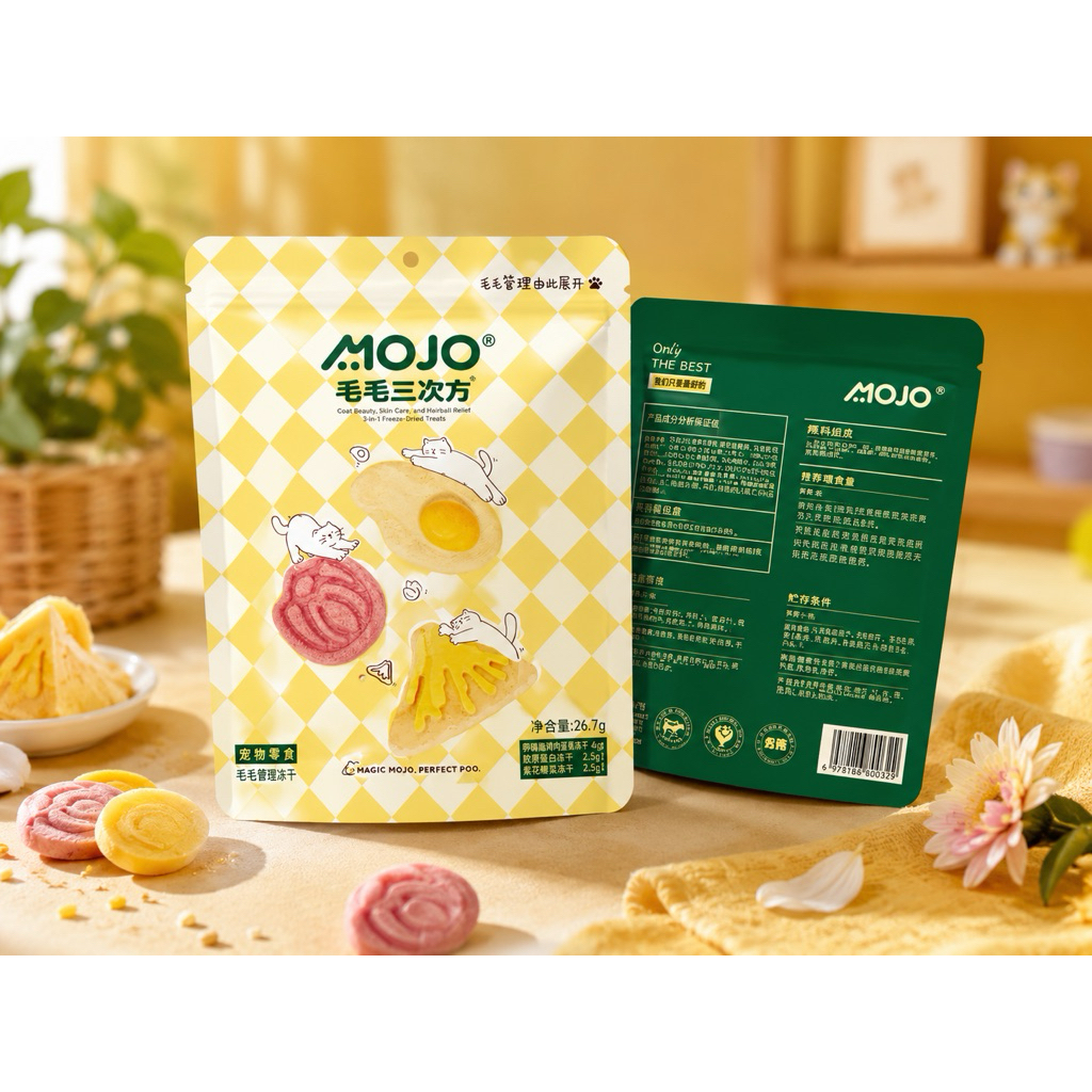 MOJO – 3-in-1 Hair Care Freeze-Dried Treats ขนมแมวฟรีซดรายดูแลขน 3 สูตรในซองเดียว 26.7g