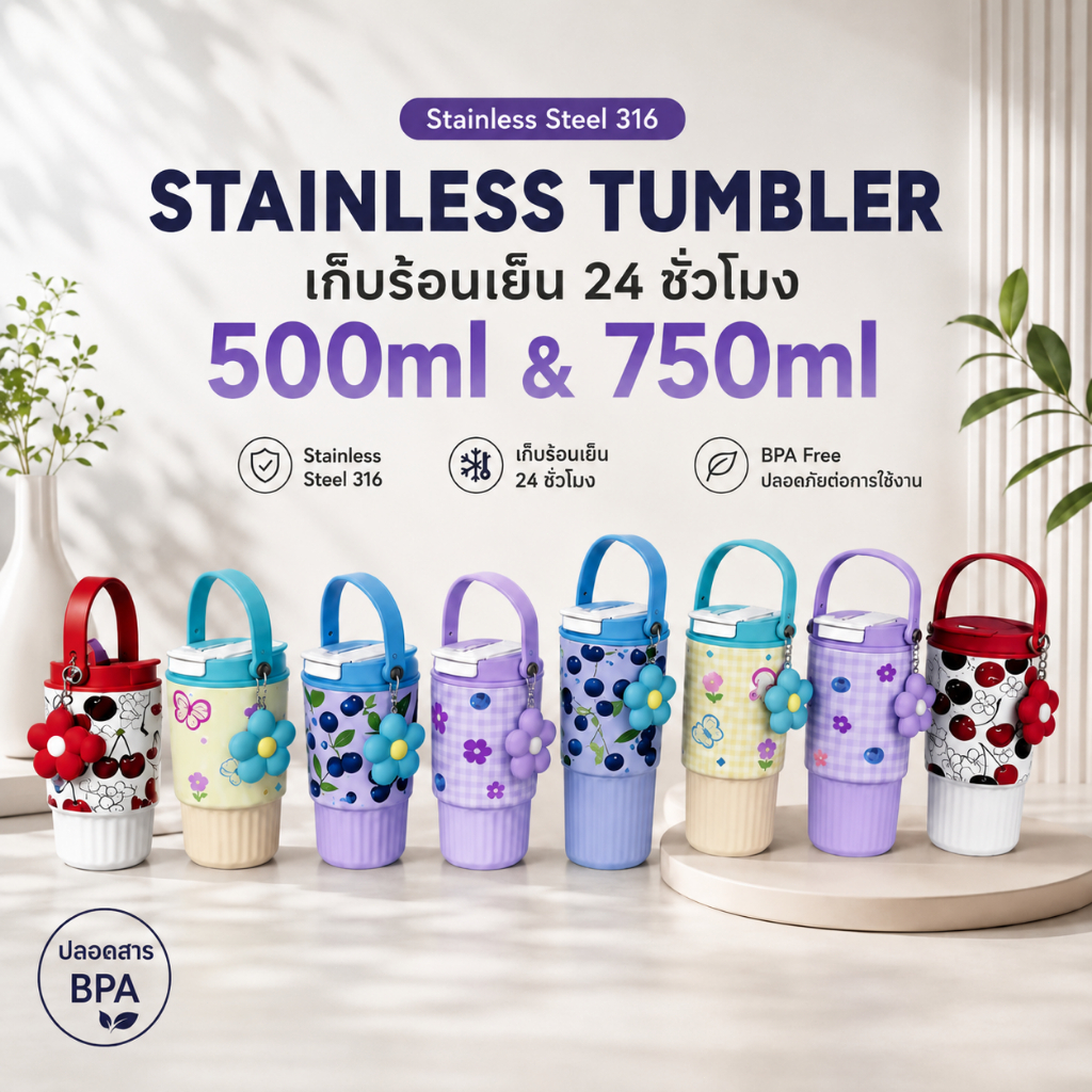 Kokohfit แก้วน้ําเก็บความเย็น 316 เก็บความเย็น ขนาด 500ml-750ml ฉนวนกันความร้อน 12 ชั่วโมงถึง 24 ชั่วโมง ถ้วยผลไม้หลากส