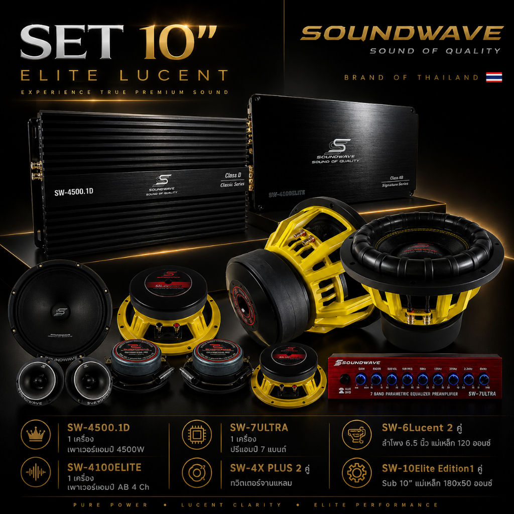 ชุดเครื่องเสียงรถ SET 10 Edition Lucent SOUNDWAVE Hi-End | ซับ-เพาเวอร์-ลำโพง 6.5 / 4 / EQ ชุดเครื่องเสียงรถยนต