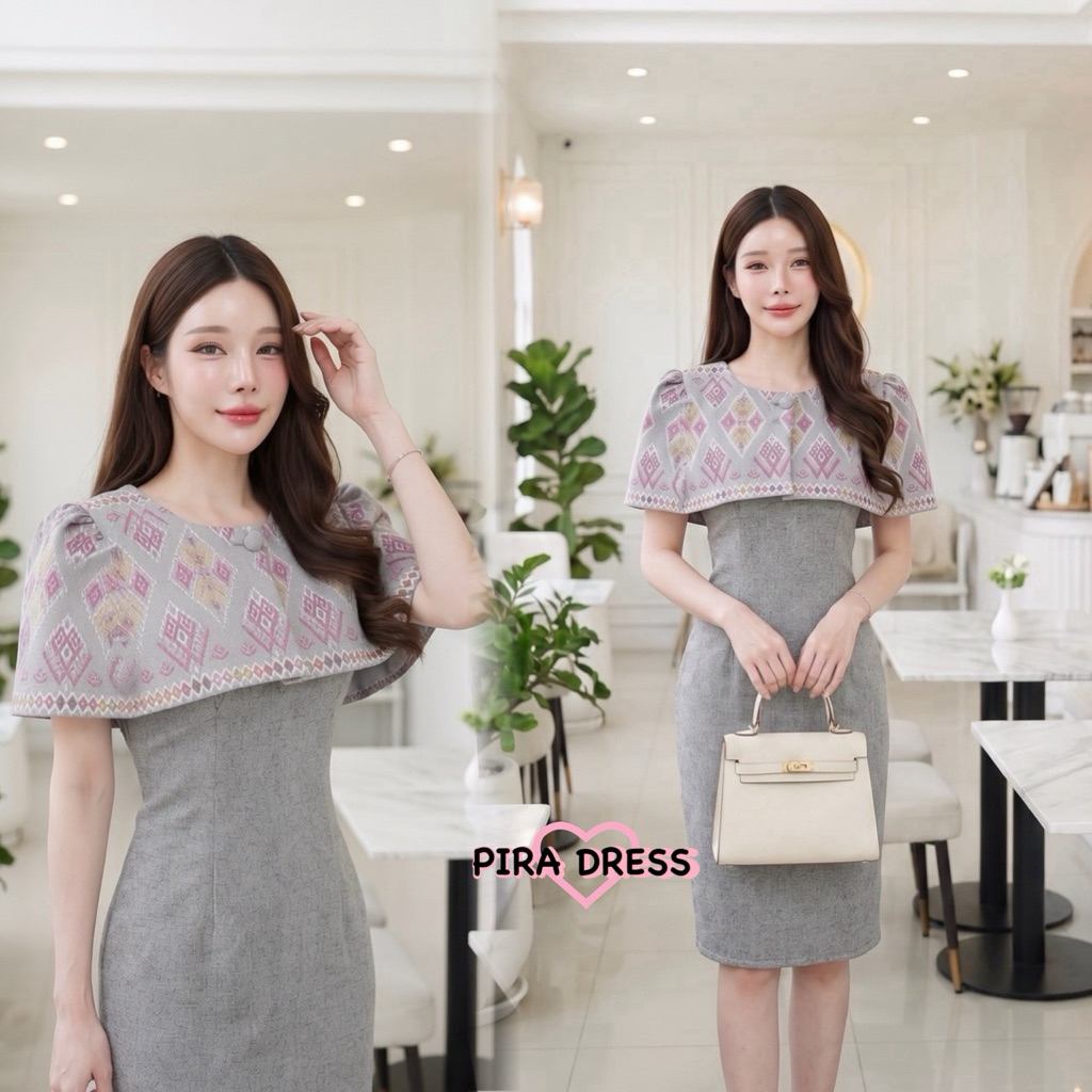 PIRA DRESS เดรสผ้าฝ้าย อัดกาวทั้งชุด สีเทา