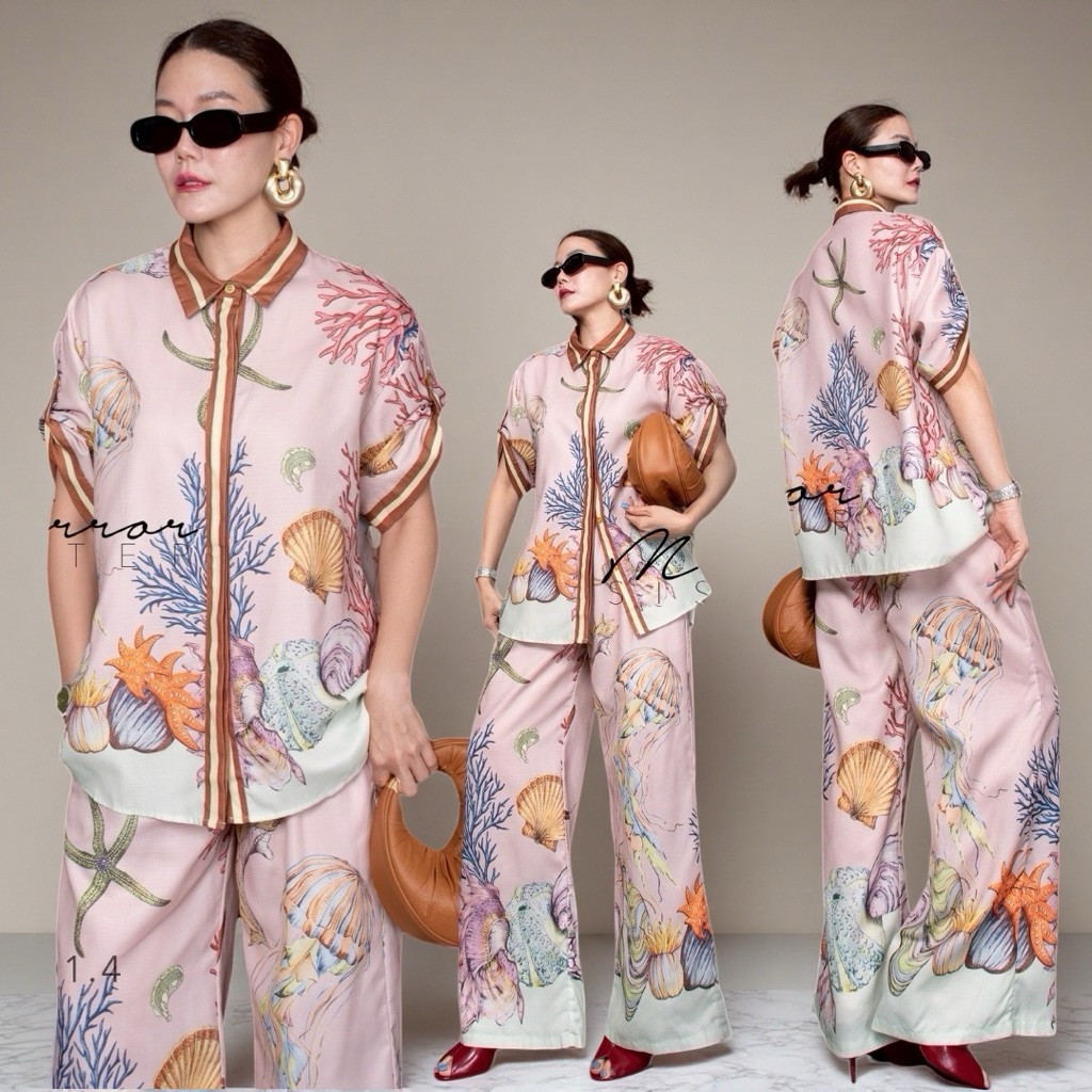 MirrorsisteR 60701.4 เซตเสื้อเชิ้ตแขนสั้นคอปกคู่กับกางเกงขายาวทรงกระบอกใหญ่