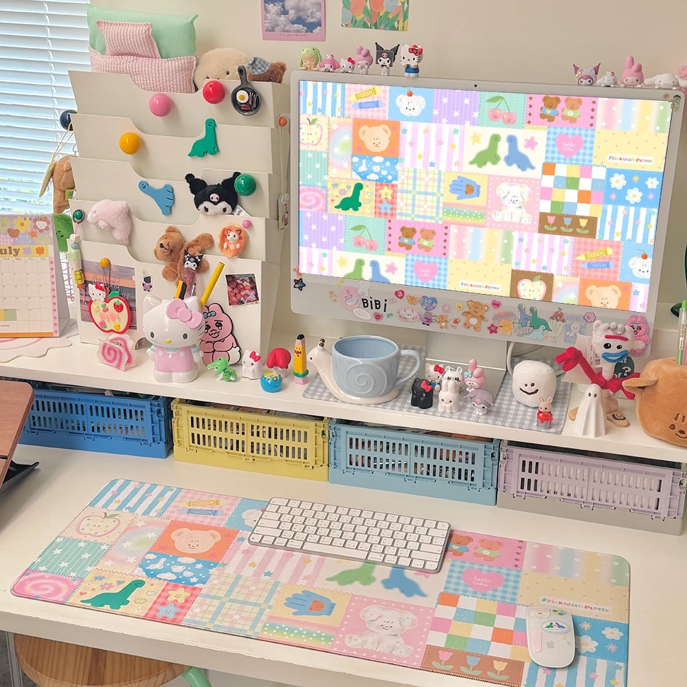 Giant mousepad/Desk mat : Lovely patches ที่รองเมาส์ขนาดใหญ่ลายตาราเย็บผ้าน่ารัก ไดโน 80x30cm | Stickwithme4ev