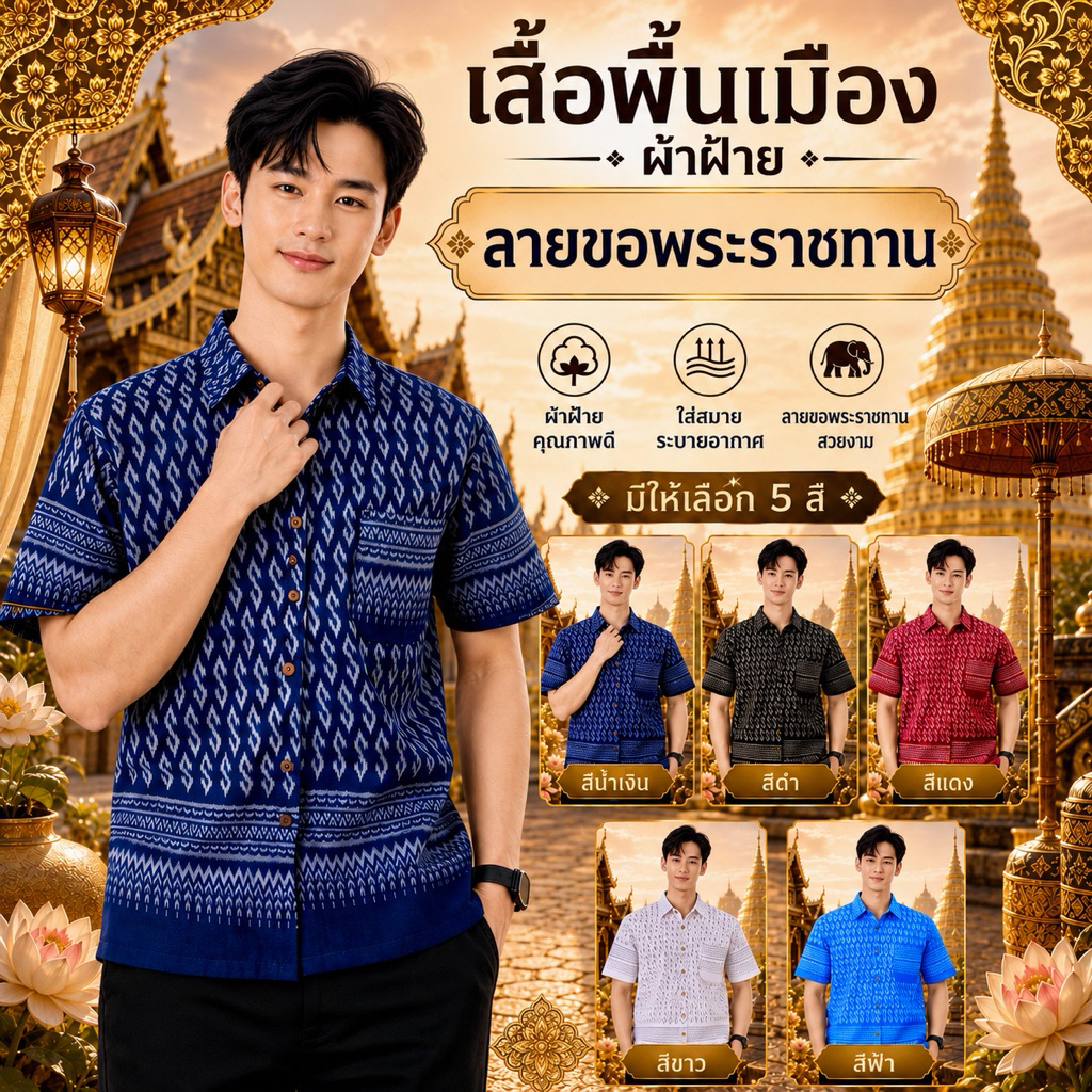 เสื้อผู้ชายพื้นเมืองคอเชิ้ต ลายขอเต็มตัว