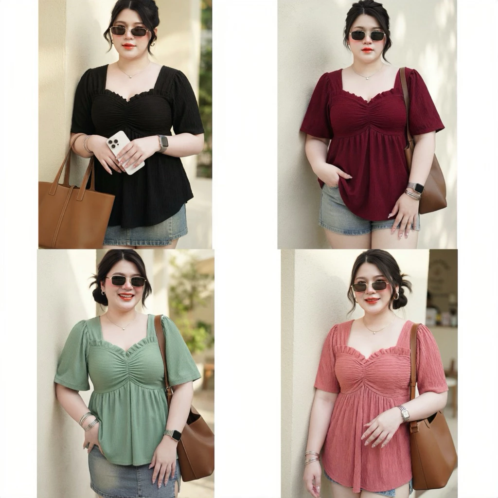 เสื้อสาวอวบอ้วนใส่ทำงาน สีดำ ใส่พลางหุ่นปิดพุง อก 50-60 นิ้ว ใส่สวยแต่งระบายอก