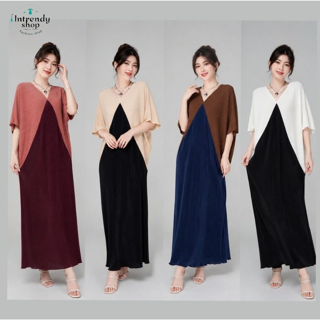 พร้อมส่ง.เดรสพลีทแขนค้างคาวสีทูโทน B270 { อก: 36 - 52 นิ้ว } เป็นผ้าอัดพลีทเนื้อดี.