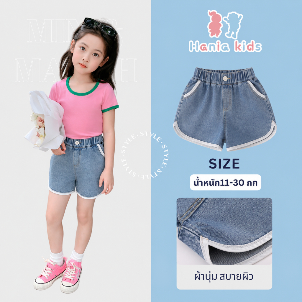 Hania Kids พร้อมจัดส่ง กางเกงผ้ายีนส์ขาสั้น สไตล์เกาหลี สำหรับเด็กผู้หญิง - MX3124132