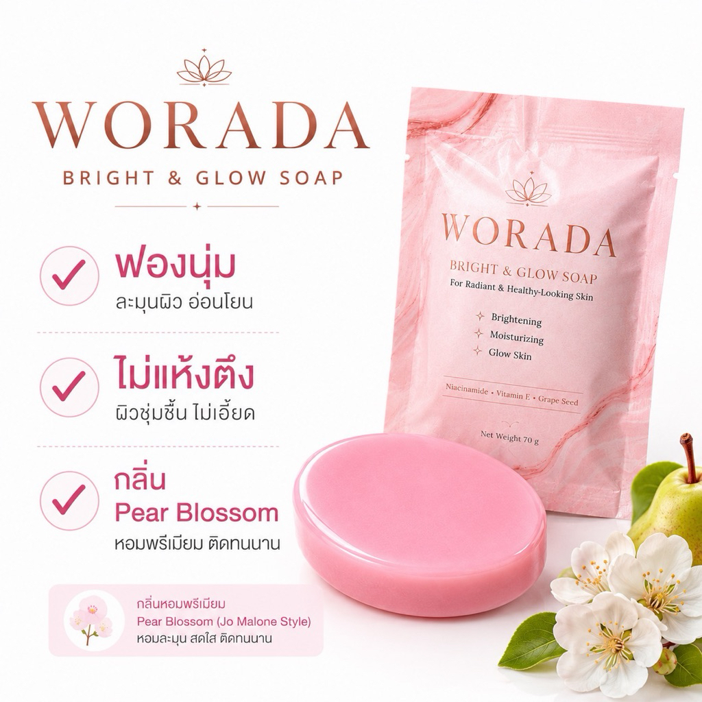 WORADA Bright & Glow Soap สบู่ผิวใส 70g ฟองนุ่ม ผิวชุ่มชื้น กลิ่น Pear Blossom