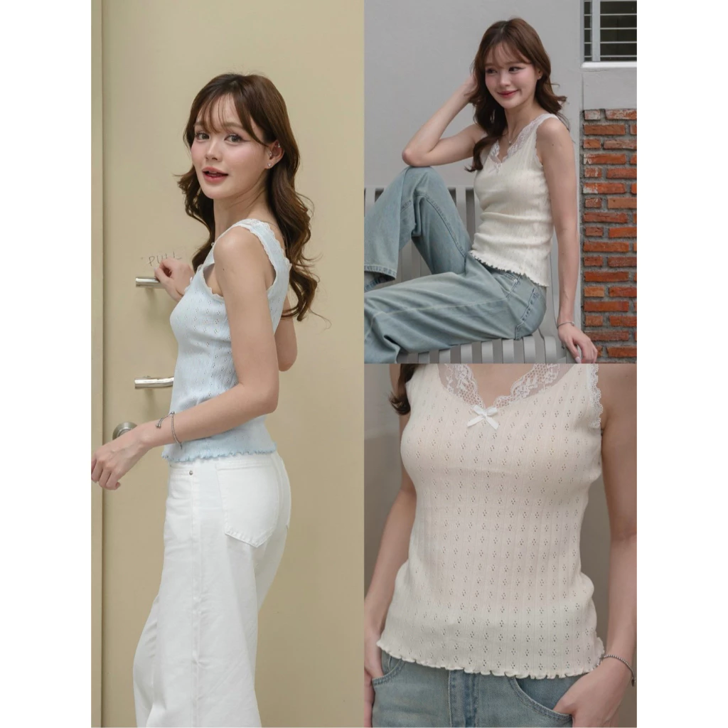 Sumwear.bkk - Maddy lace top เสื้อไหมพรมแขนกุดดีไซน์ผ้าลายฉลุดีเทล Lace trim
