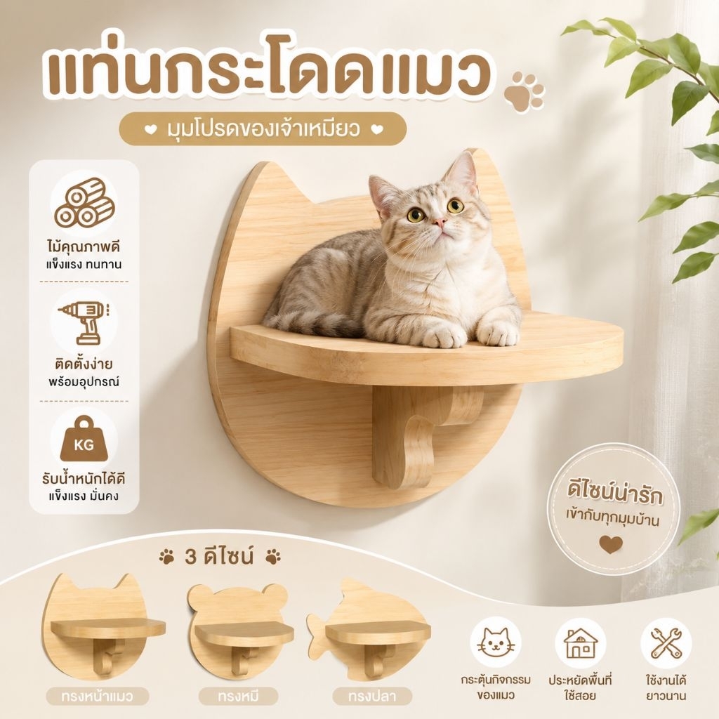 ชั้นแมวติดผนัง แท่นกระโดดแมวเจาะติดตั้ง