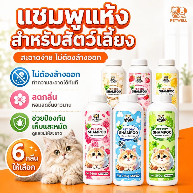 สัตว์เลี้ยงซักแห้งผง PETWELL ผงซักแห้งป้องกันไรและเห็บ สำหรับสุนัขและแมว 260g