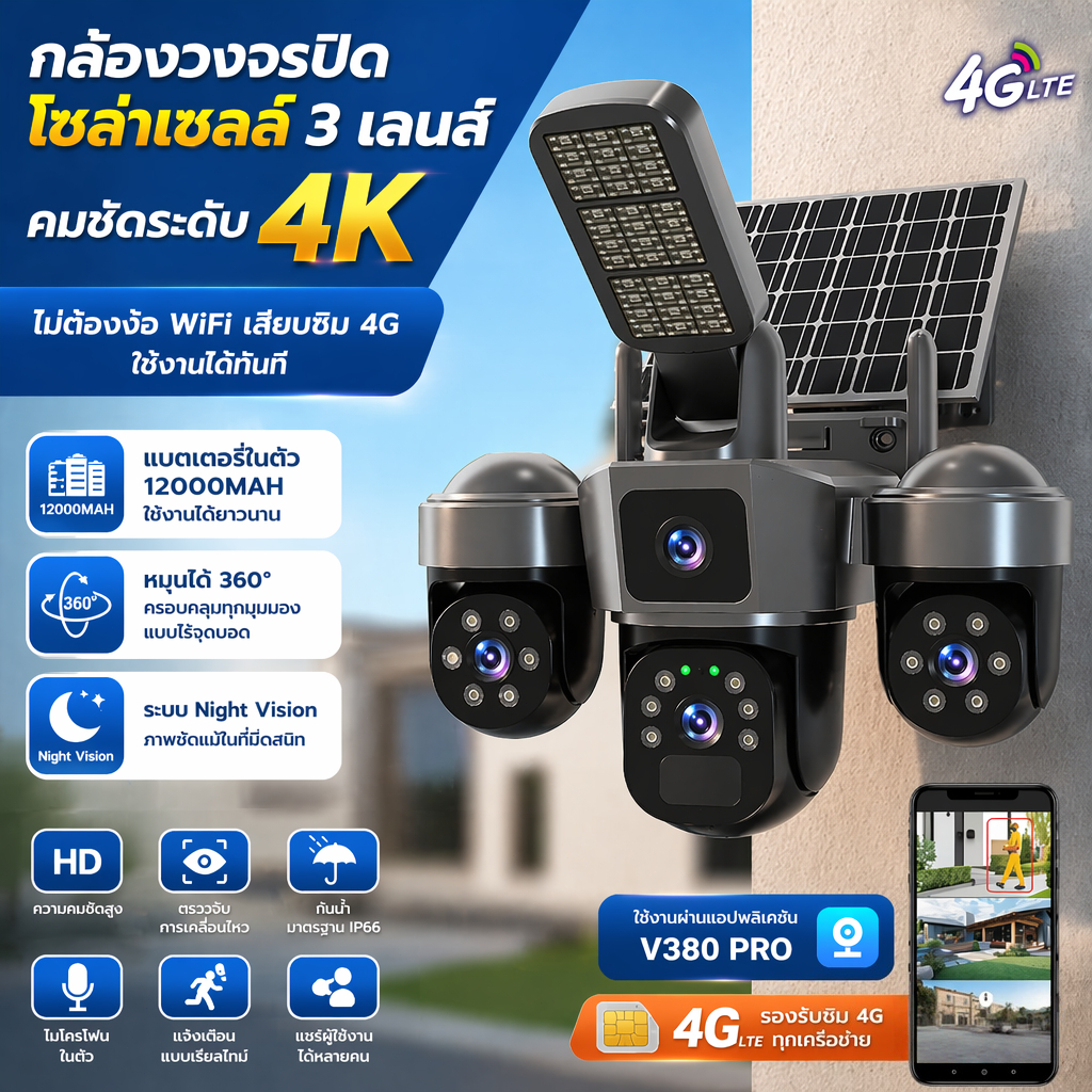 CAM720 กล้องวงจรปิดสามเลนส์ รวม 12MP ภาพระดับ 4K HD โซลาร์เซลล์ ไร้สาย รองรับซิม 4G กันน้ำกลางแจ้ง ติดตามอัตโนมัติ หมุนไ