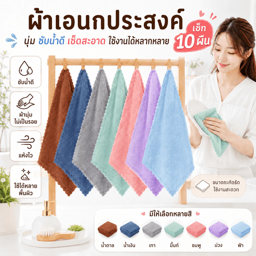 XSJ-02【เซ็ต 10 ผืน】ผ้าเอนกประสงค์สำหรับทำความสะอาด ผ้าเช็ดโต๊ะซับน้ำ ผืนเล็ก