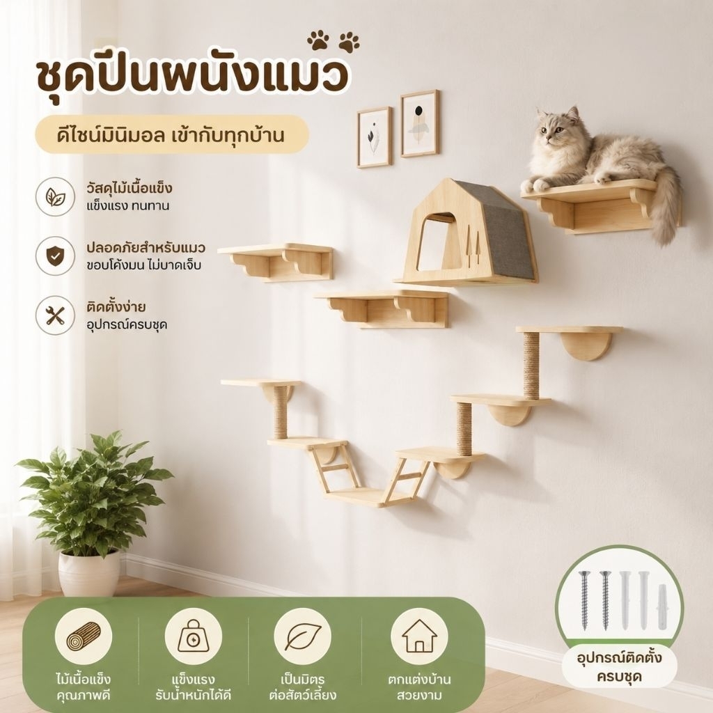 Cat wall (ขายแยกชิ้น)โครงไม้ติดผนัง DIY ไม้สนธรรมชาติสำหรับแมว เฟอร์ตกแต่งบ้าน (บันได2-3ระดับ, แท่นพัก)