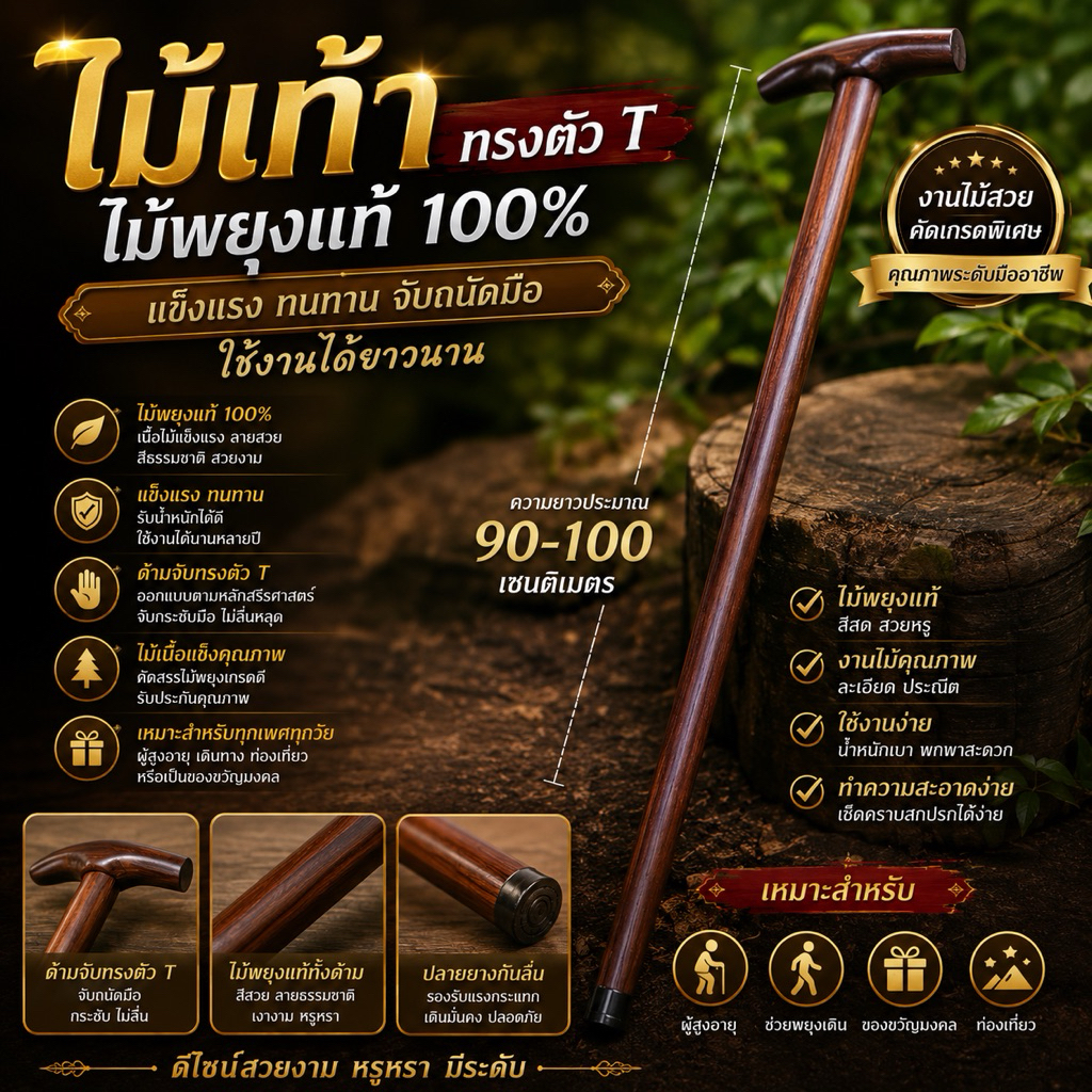 ไม้เท้า แบบตัวที่ ทำจากไม้มะค่า ขนาดความยาว 85 เซนต์
