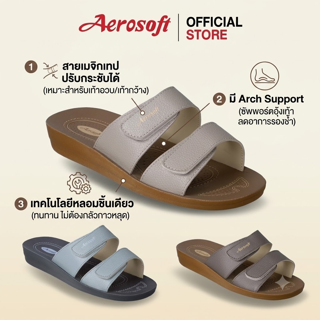รองเท้าแตะผู้หญิง Aerosoftรองเท้าเพื่อสุขภาพ สายปรับได้กระชับหน้าเท้ารุ่น LA2106 เดินเบาสบายเท้าแก้ปัญหาหน้าเท้ากว้าง