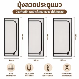มุ้งลวดประตูแมว ที่กั้นสัตว์เลี้ยง ม่านประตูกันแมวแบบมืออาชีพ แบบไม่ต้องเจาะรู มุ้งลวดซิป 2 ทาง